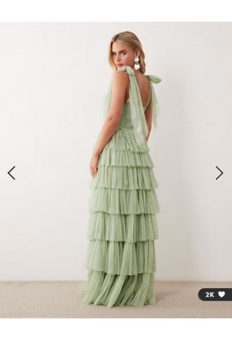 Lace & Beads Petite Bridesmaid bow shoulder tulle maxi dress in sage green