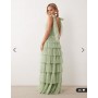 Lace & Beads Petite Bridesmaid bow shoulder tulle maxi dress in sage green