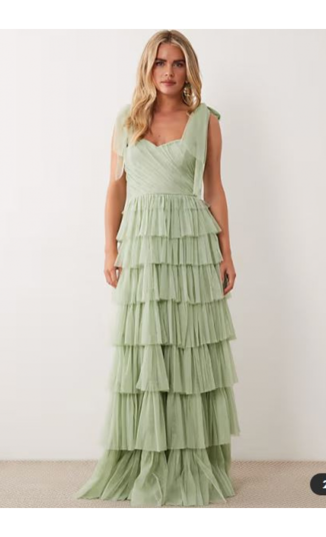Lace & Beads Petite Bridesmaid bow shoulder tulle maxi dress in sage green