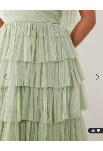 Lace & Beads Petite Bridesmaid bow shoulder tulle maxi dress in sage green