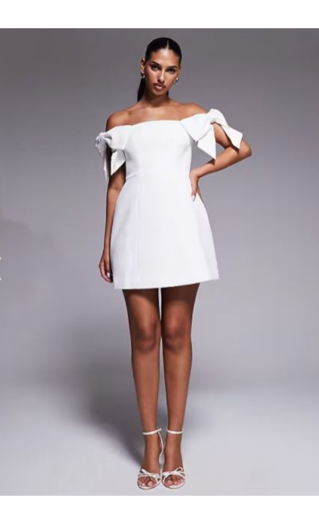 Forever New Bridal structured off the shoulder bow mini dress in white
