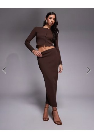 The Frolic exclusive ribbed button through long sleeve top and skirt co-ord in chocolate