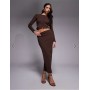 The Frolic exclusive ribbed button through long sleeve top and skirt co-ord in chocolate
