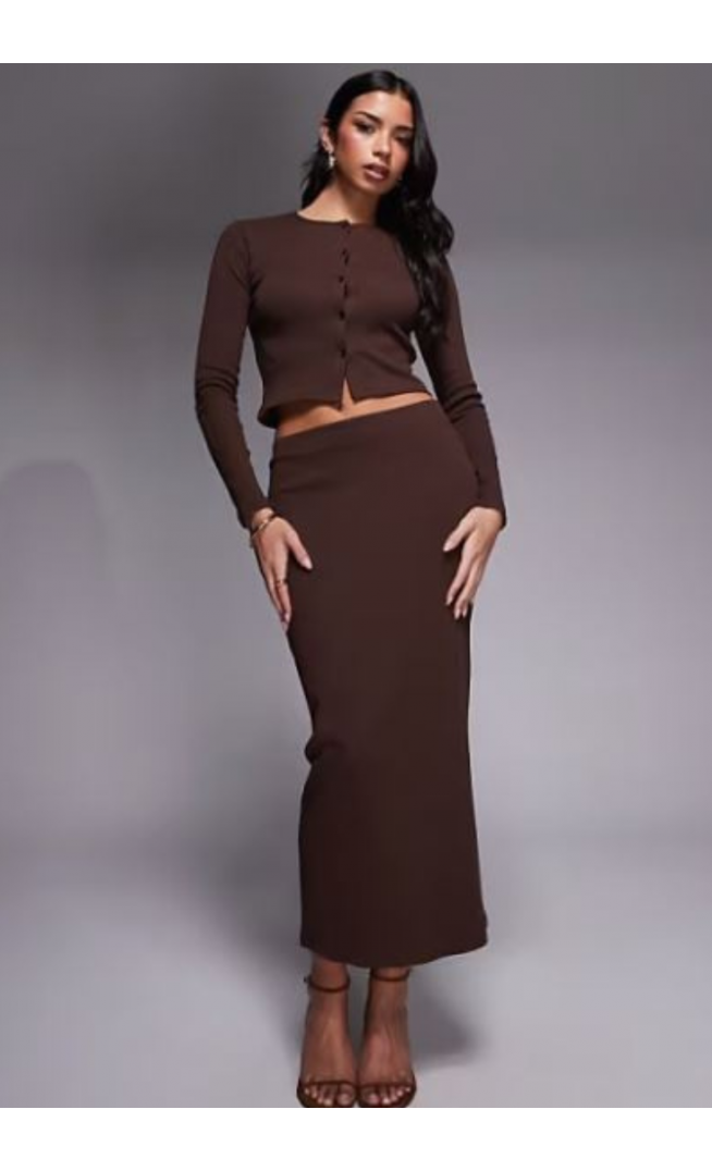 The Frolic exclusive ribbed button through long sleeve top and skirt co-ord in chocolate