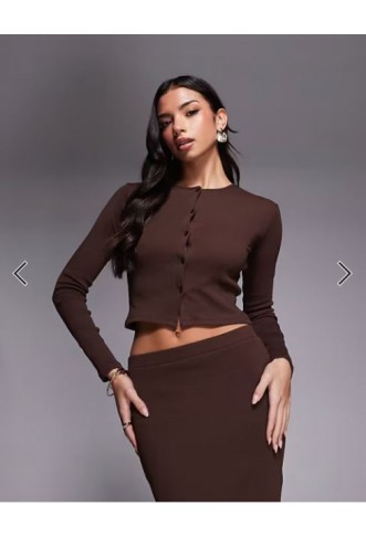 The Frolic exclusive ribbed button through long sleeve top and skirt co-ord in chocolate
