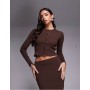 The Frolic exclusive ribbed button through long sleeve top and skirt co-ord in chocolate