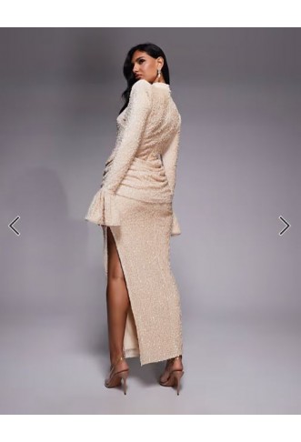 ASOS LUXE velvet sequin maxi dress with drape waist in cream