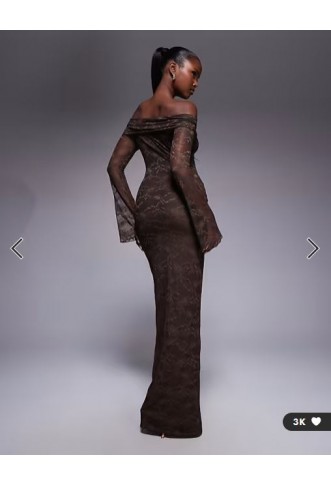 Kaiia exclusive double layered slinky lace bardot flare sleeve tie waist drape detail maxi dress in chocolate