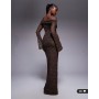 Kaiia exclusive double layered slinky lace bardot flare sleeve tie waist drape detail maxi dress in chocolate