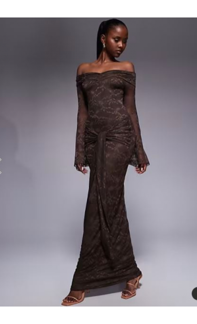 Kaiia exclusive double layered slinky lace bardot flare sleeve tie waist drape detail maxi dress in chocolate