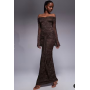 Kaiia exclusive double layered slinky lace bardot flare sleeve tie waist drape detail maxi dress in chocolate
