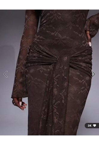 Kaiia exclusive double layered slinky lace bardot flare sleeve tie waist drape detail maxi dress in chocolate