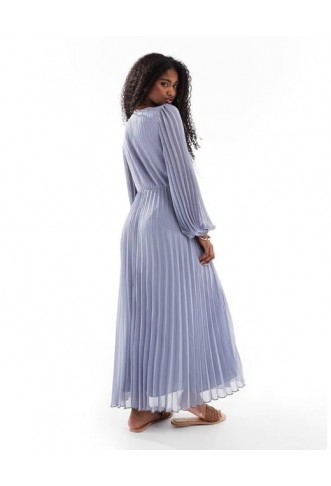Women's Purple Twist Detail Wrap Front Pleated Midi Dress