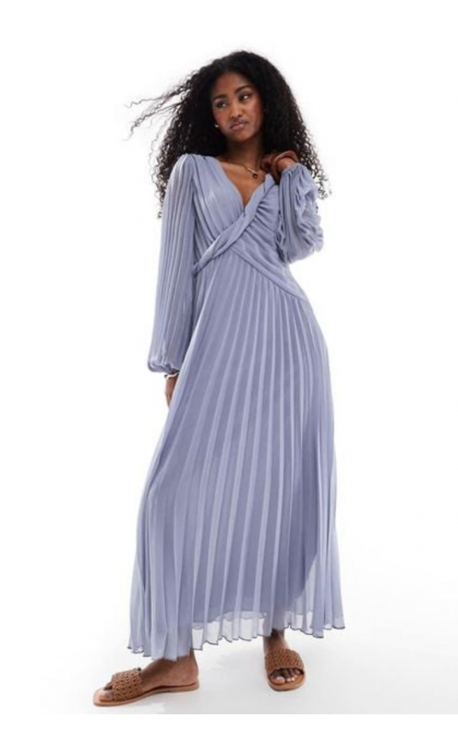 Women's Purple Twist Detail Wrap Front Pleated Midi Dress