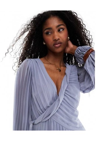 Women's Purple Twist Detail Wrap Front Pleated Midi Dress