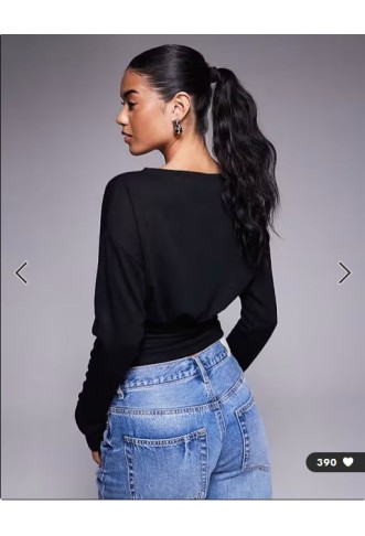 ASOS DESIGN knit-look asymmetric one shoulder long sleeve top with cinch waist detail in black