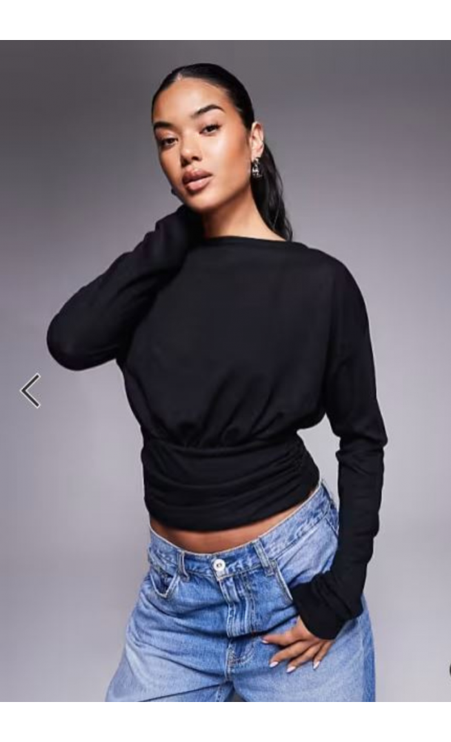 ASOS DESIGN knit-look asymmetric one shoulder long sleeve top with cinch waist detail in black