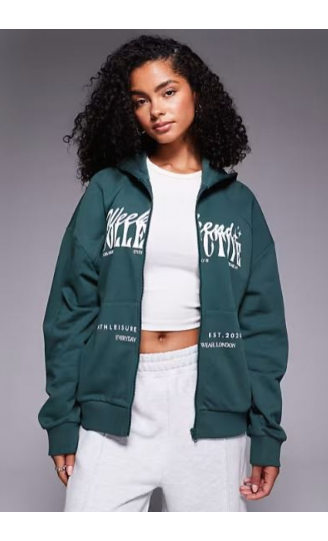 Weekend Collective zip through hoodie with mixed font graphic in green