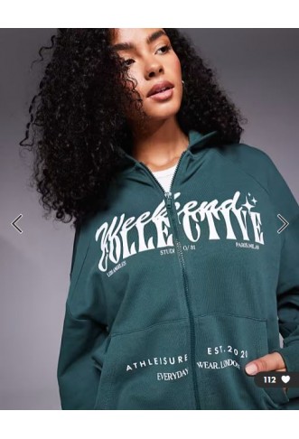 Weekend Collective zip through hoodie with mixed font graphic in green
