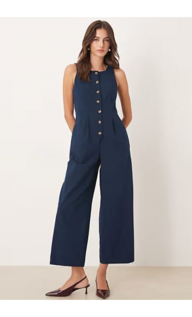 Nobody's Child tailored button front jumpsuit with square neck in dark blue