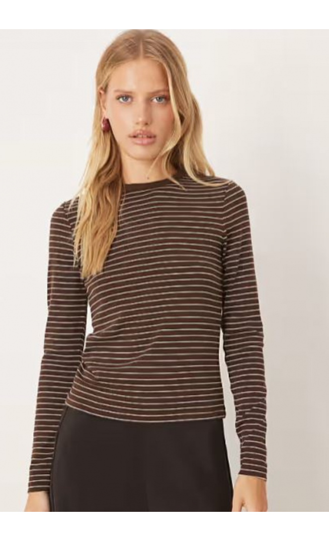 Mango cotton mix long sleeve t-shirt in brown and cream pinstripe