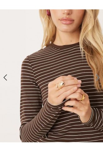 Mango cotton mix long sleeve t-shirt in brown and cream pinstripe