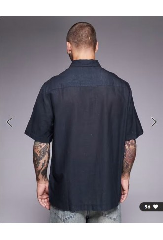 ASOS DESIGN relaxed shirt with linen with placement print in black