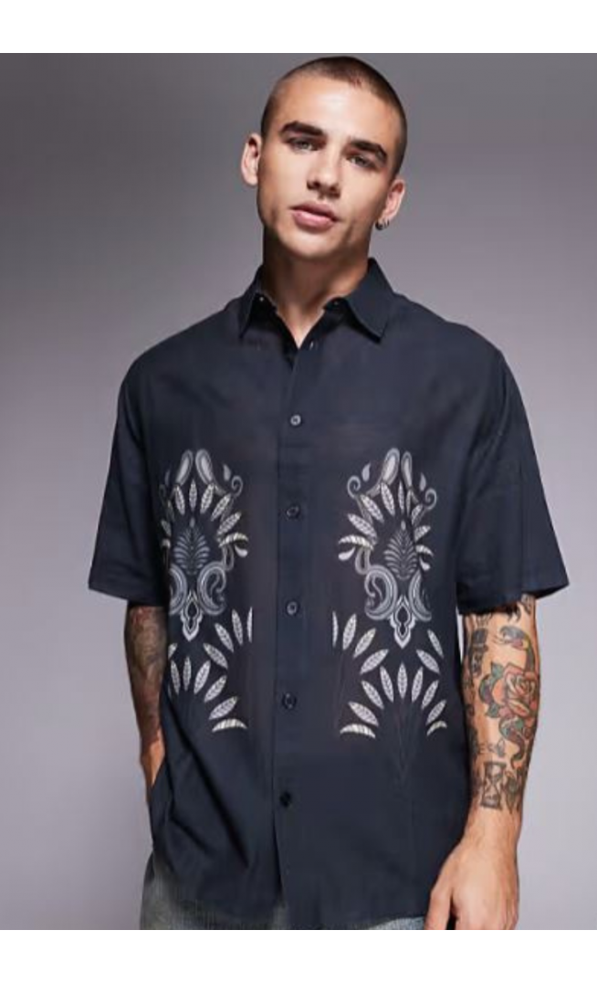 ASOS DESIGN relaxed shirt with linen with placement print in black