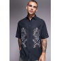 ASOS DESIGN relaxed shirt with linen with placement print in black
