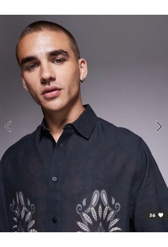 ASOS DESIGN relaxed shirt with linen with placement print in black