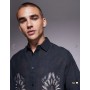 ASOS DESIGN relaxed shirt with linen with placement print in black