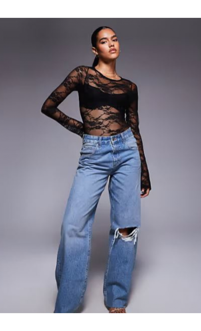 Princess Polly Feelix long sleeve sheer lace body in black