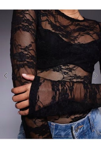 Princess Polly Feelix long sleeve sheer lace body in black