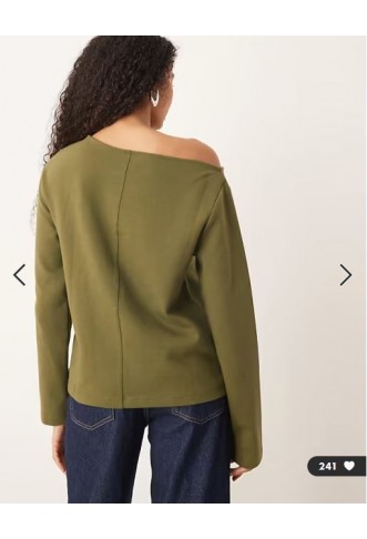 ASOS DESIGN interlock front seam off the shoulder long sleeve t-shirt in khaki