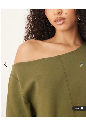 ASOS DESIGN interlock front seam off the shoulder long sleeve t-shirt in khaki