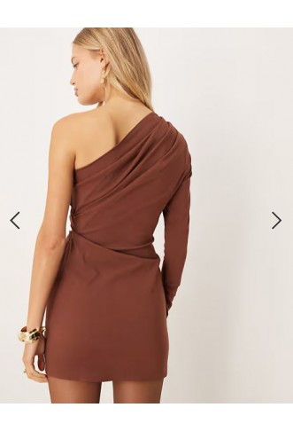 ASOS DESIGN one shoulder draped mini dress in brown