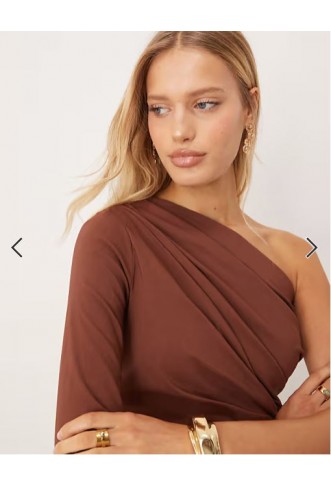 ASOS DESIGN one shoulder draped mini dress in brown