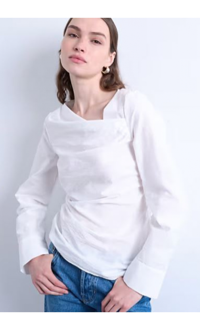 Topshop drape neck long sleeve top in white