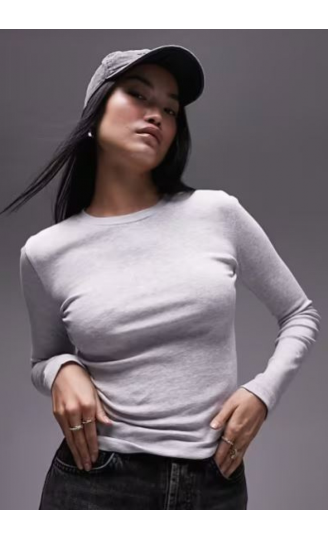 Topshop long sleeve everyday tee in grey marl - GREY