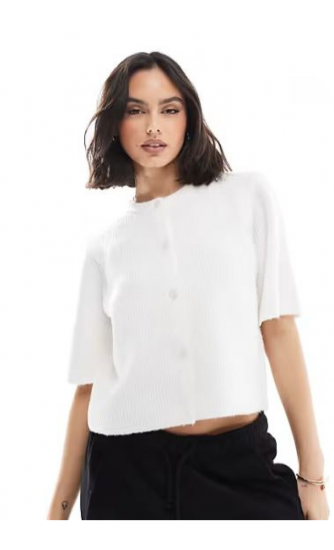 Pieces soft knit short sleeve cardigan in cream