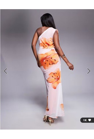 ASOS DESIGN mesh channelled tie one shoulder midi dress with slash cut out in white floral print