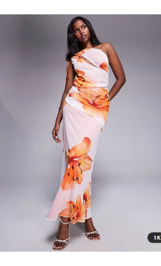 ASOS DESIGN mesh channelled tie one shoulder midi dress with slash cut out in white floral print