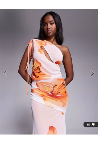 ASOS DESIGN mesh channelled tie one shoulder midi dress with slash cut out in white floral print