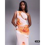 ASOS DESIGN mesh channelled tie one shoulder midi dress with slash cut out in white floral print