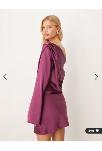 ASOS DESIGN satin drape long sleeve off shoulder mini dress in plum