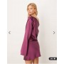 ASOS DESIGN satin drape long sleeve off shoulder mini dress in plum