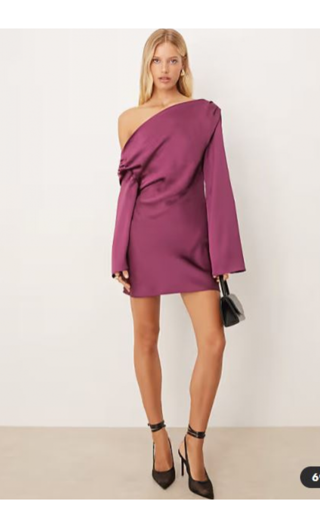 ASOS DESIGN satin drape long sleeve off shoulder mini dress in plum