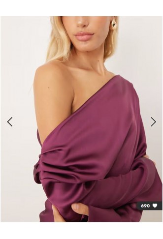 ASOS DESIGN satin drape long sleeve off shoulder mini dress in plum