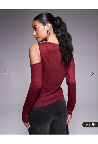 ASOS DESIGN knit-look semi sheer long sleeve top with drape cold shoulder in burgundy