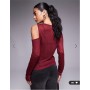 ASOS DESIGN knit-look semi sheer long sleeve top with drape cold shoulder in burgundy